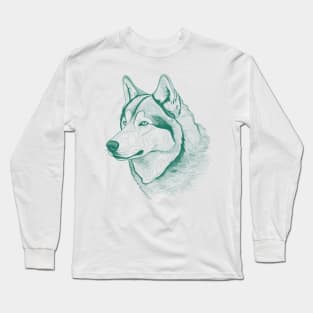 Alaskan Malamute Dog Minimalistic Green line drawing Long Sleeve T-Shirt